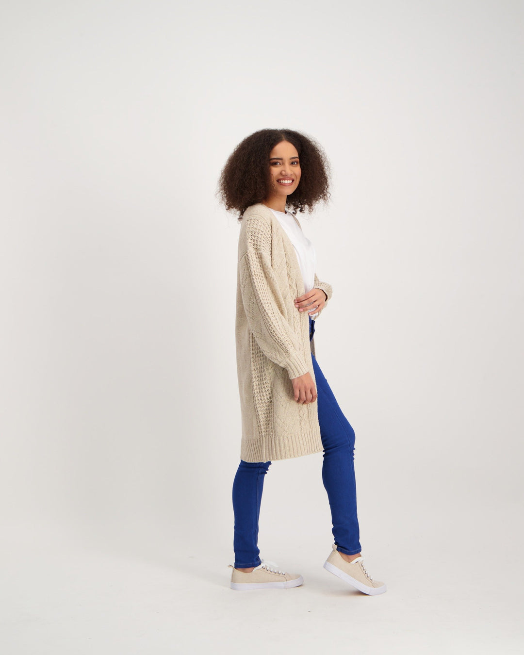 Ladies Longer Length Cable Cardigan - Oatmeal