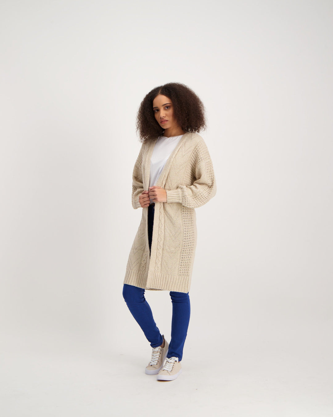 Ladies Longer Length Cable Cardigan - Oatmeal