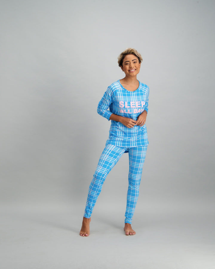 Ladies Print Slogan Pyjama Set - Blue