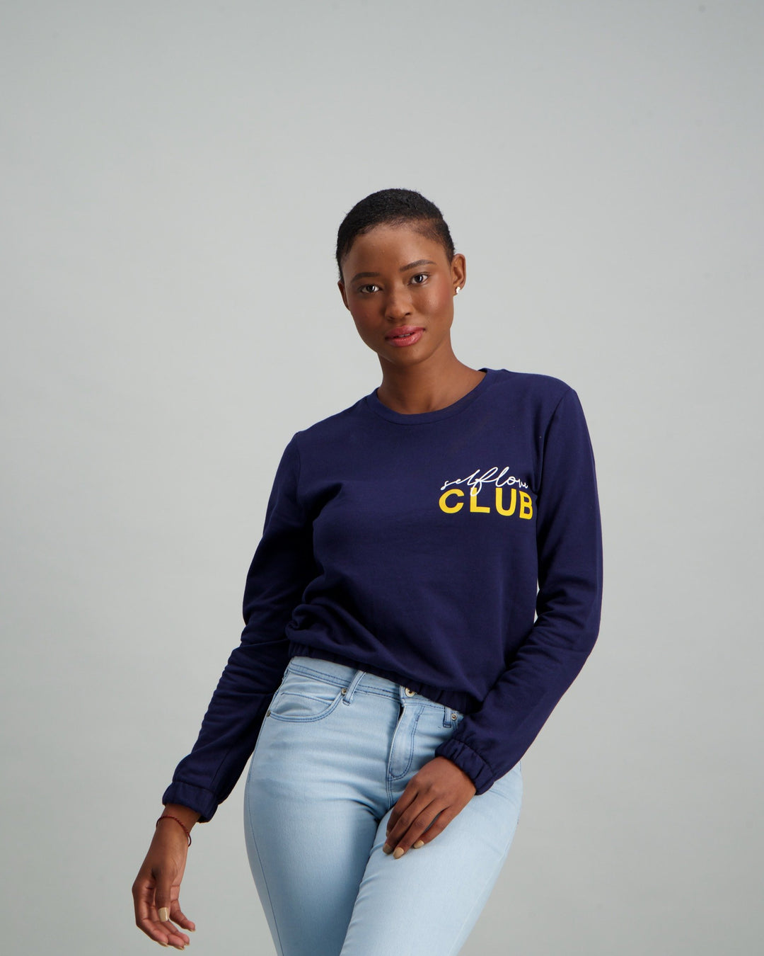 Ladies Self Love Club Slogan Crew Neck Fleece Sweater - Navy