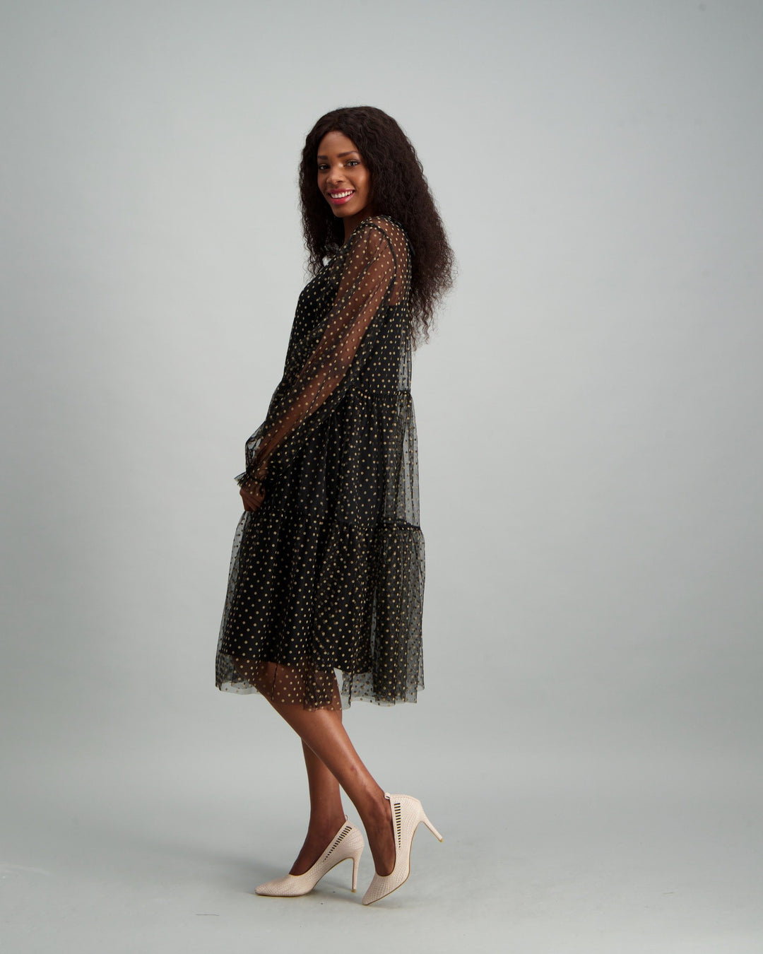 Ladies Polka Dot Flocked Tiered Dress - Black