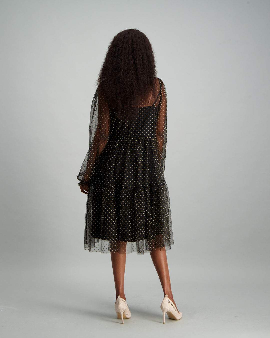 Ladies Polka Dot Flocked Tiered Dress - Black