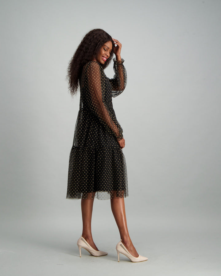 Ladies Polka Dot Flocked Tiered Dress - Black