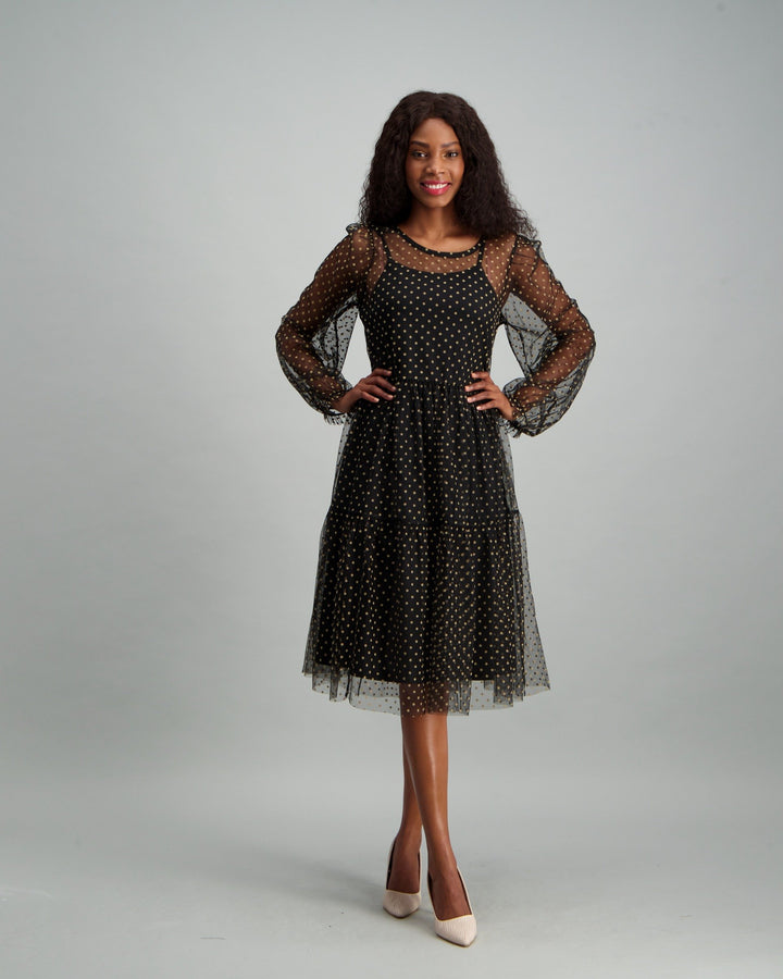 Ladies Polka Dot Flocked Tiered Dress - Black