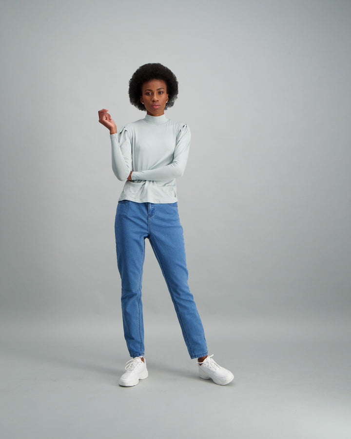 Ladies-Puff Sleeve Turtle Neck Top Light Blue