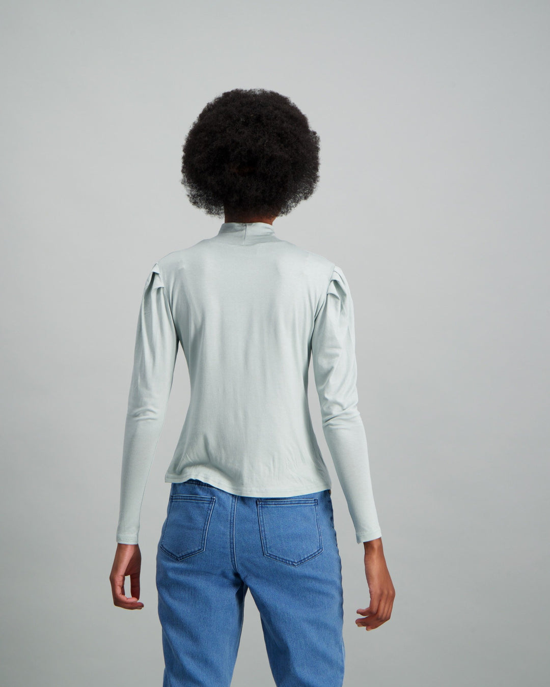 Ladies-Puff Sleeve Turtle Neck Top Light Blue