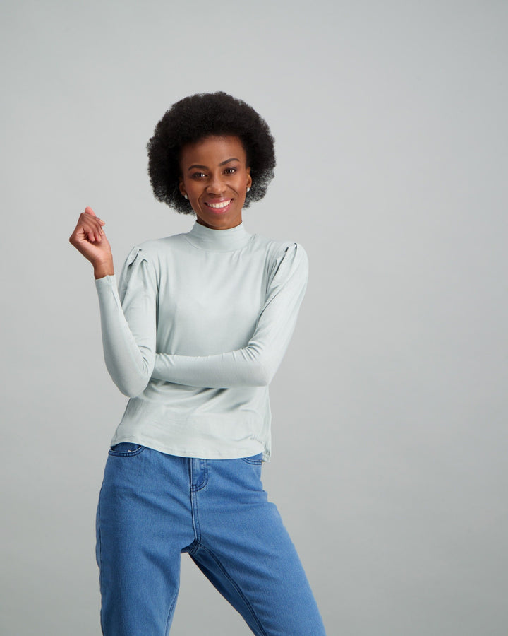 Ladies-Puff Sleeve Turtle Neck Top Light Blue