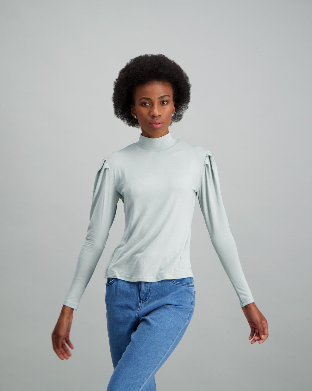 Ladies-Puff Sleeve Turtle Neck Top Light Blue