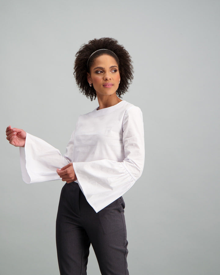 Ladies-Puff Sleeve Cotton Blouse - White