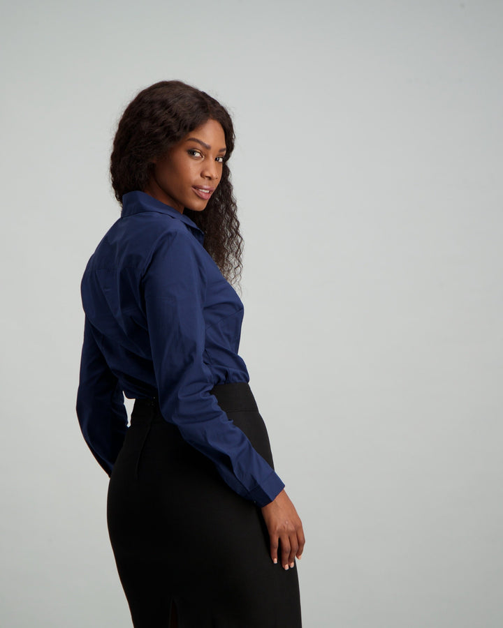 Ladies Long Sleeve Cotton Work Shirt - Navy