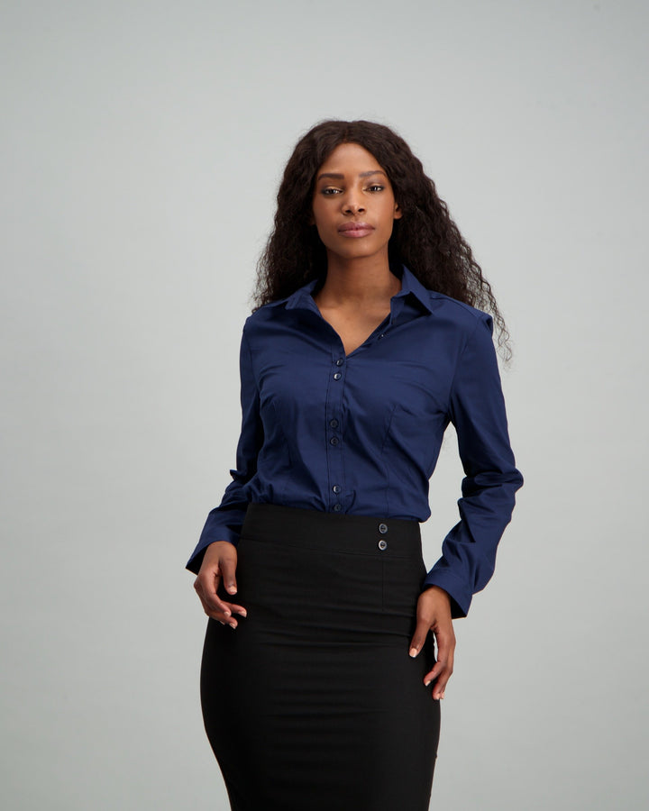 Ladies Long Sleeve Cotton Work Shirt - Navy