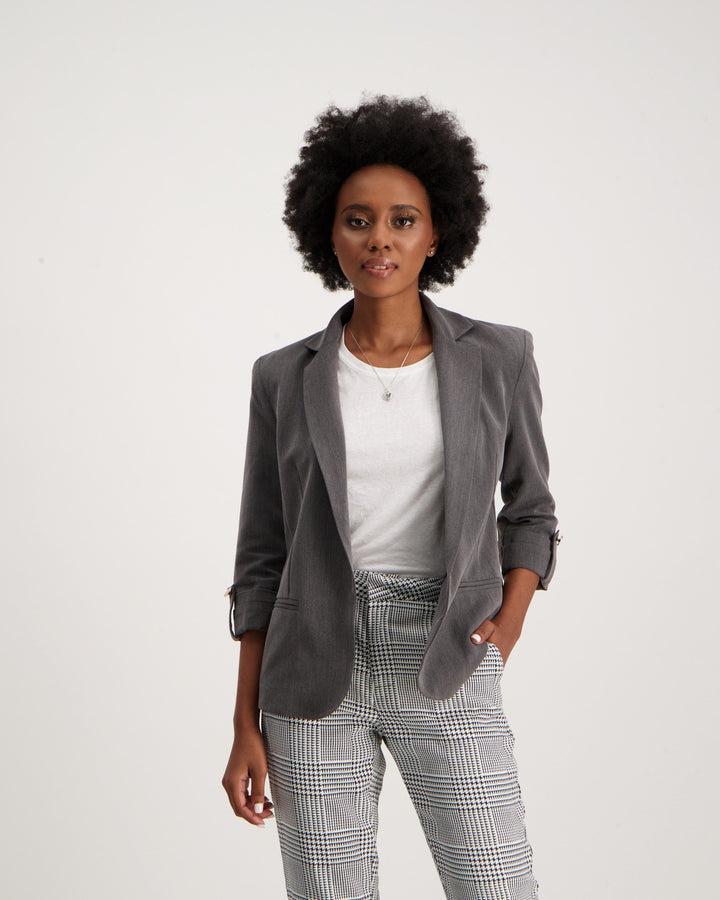 Ladies Sleeve Tab Blazer-Grey
