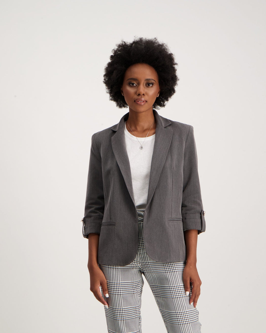 Ladies Sleeve Tab Blazer-Grey