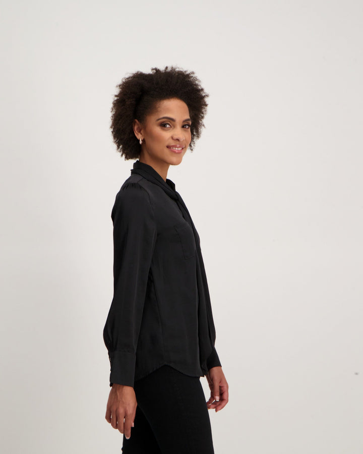 Ladies Satin Kitty Bow Blouse - Black