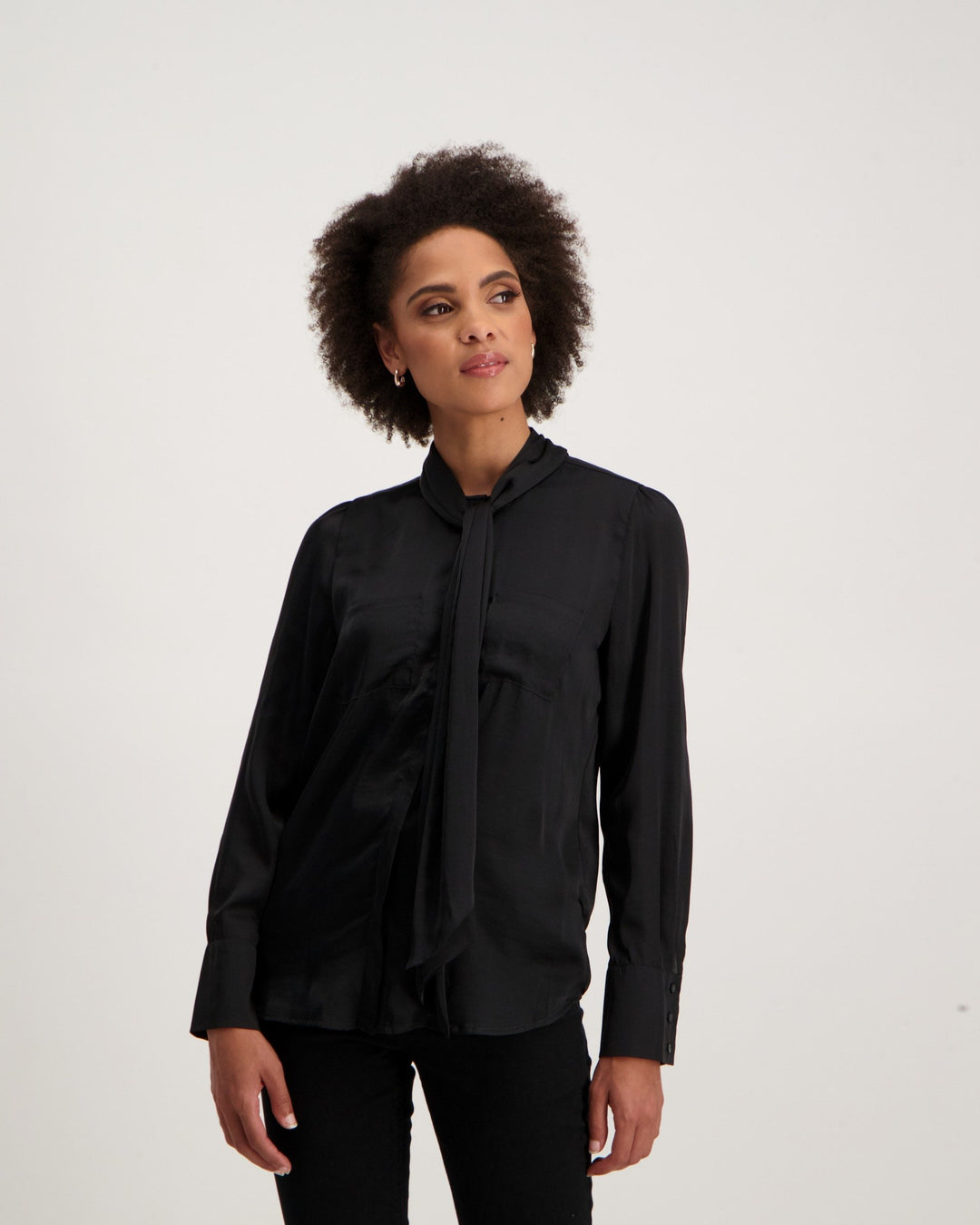 Ladies Satin Kitty Bow Blouse - Black