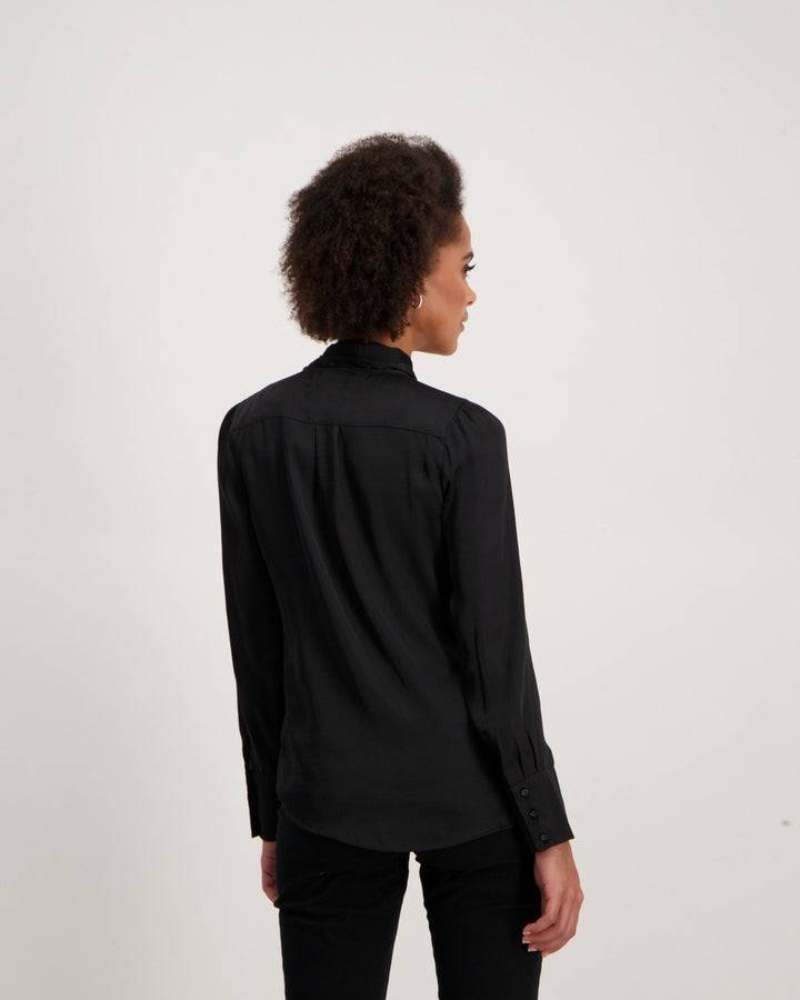 Ladies Satin Kitty Bow Blouse - Black