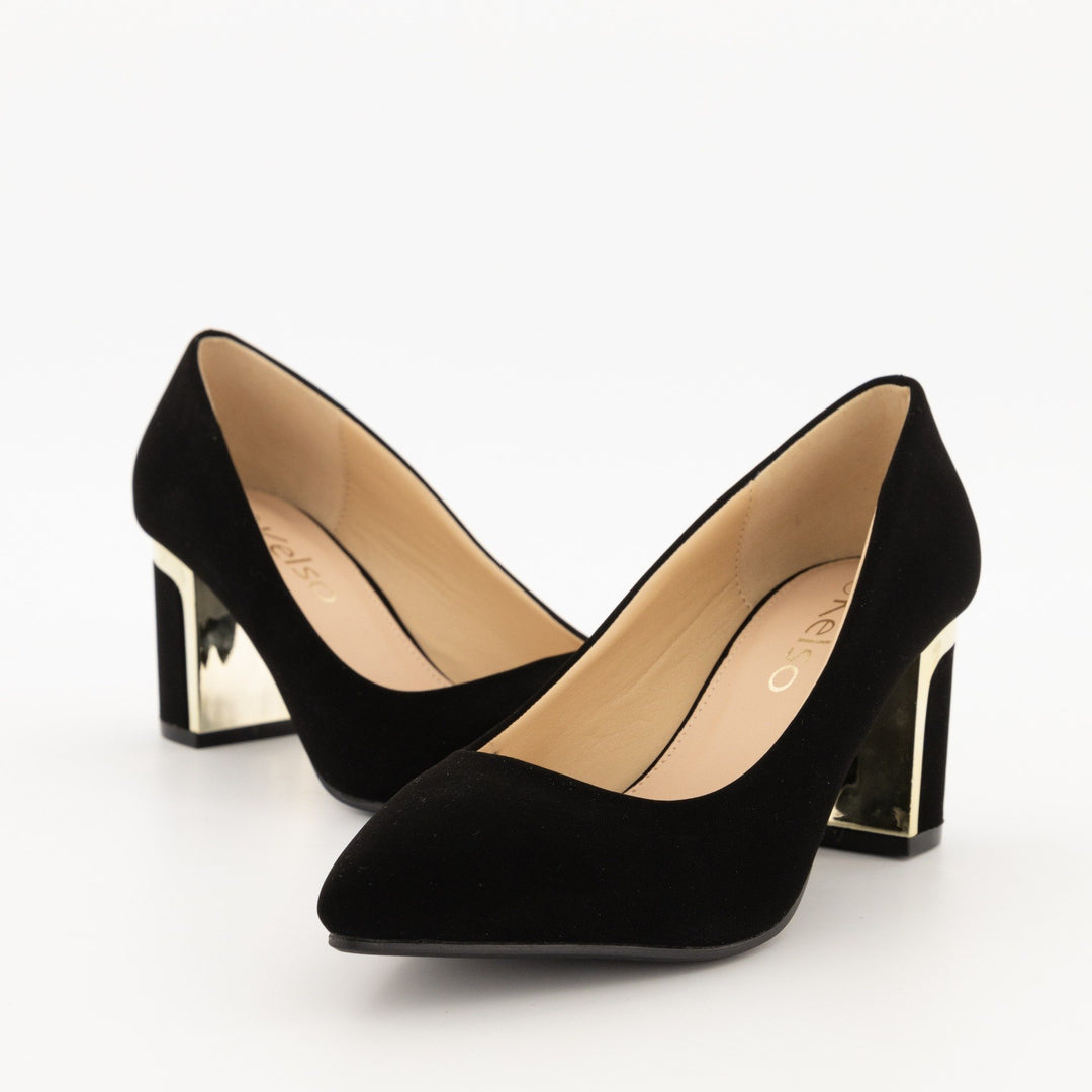 Ladies-Black Pointy Trim Block Heel Shoe
