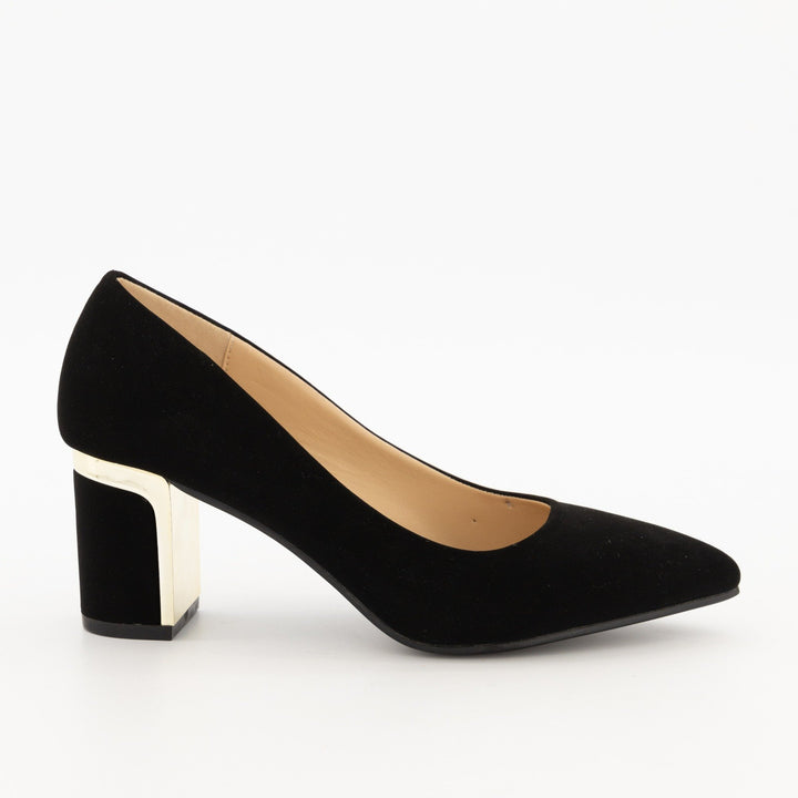 Ladies-Black Pointy Trim Block Heel Shoe