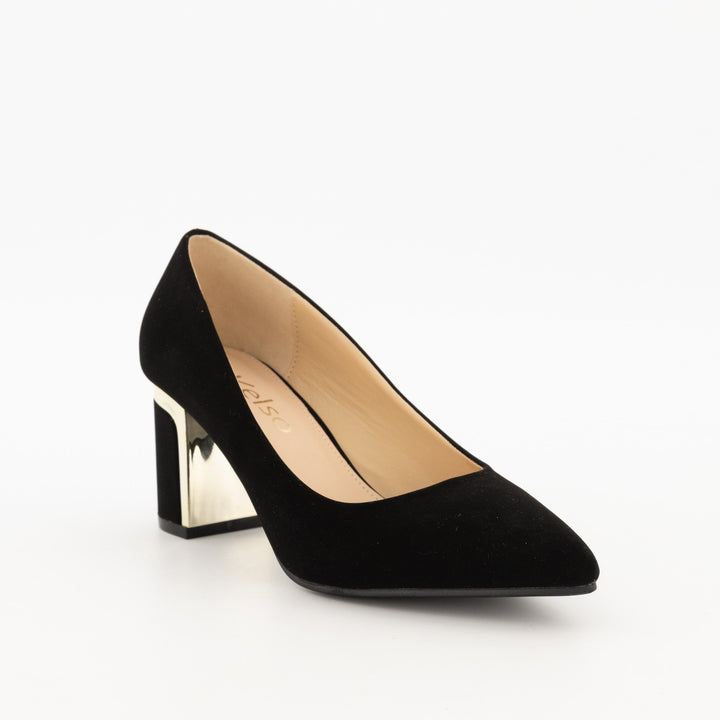 Ladies-Black Pointy Trim Block Heel Shoe
