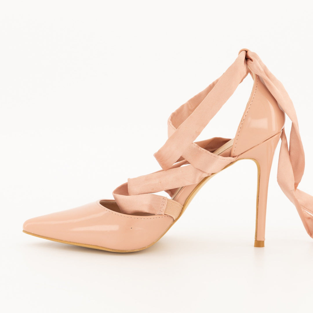 Ladies-Pointy Tie Up Heel Shoe - Blush
