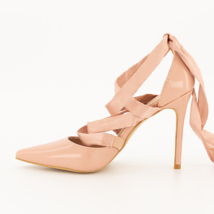 Ladies-Pointy Tie Up Heel Shoe - Blush