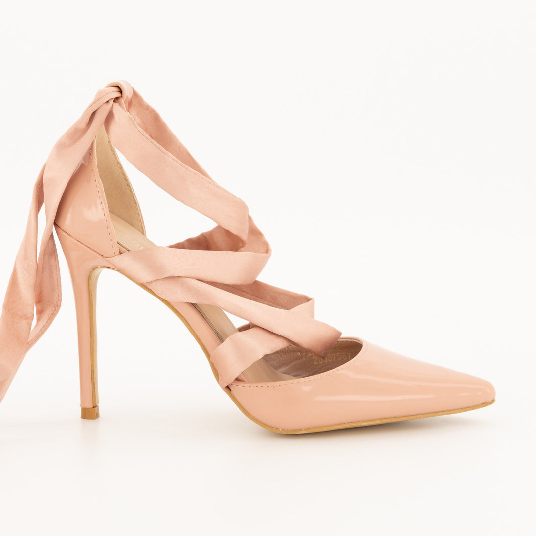 Ladies-Pointy Tie Up Heel Shoe - Blush