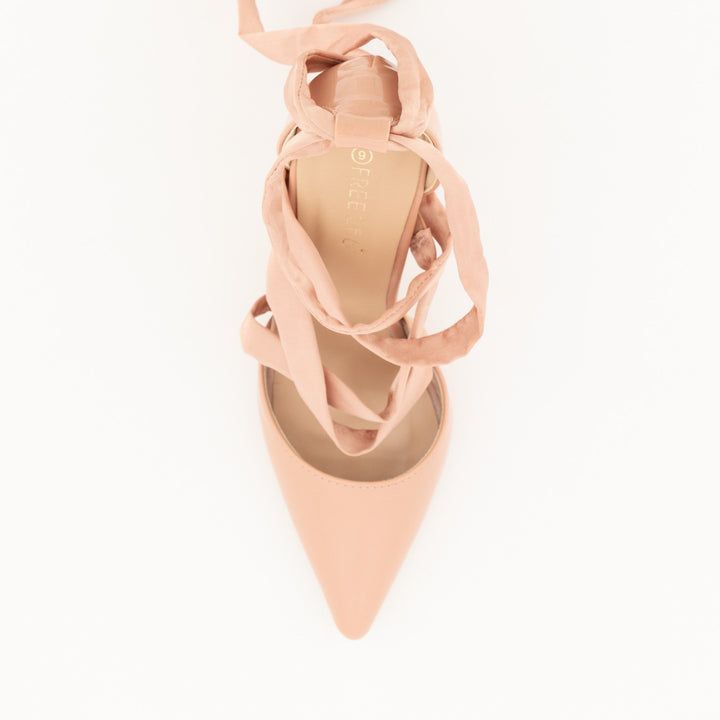 Ladies-Pointy Tie Up Heel Shoe - Blush