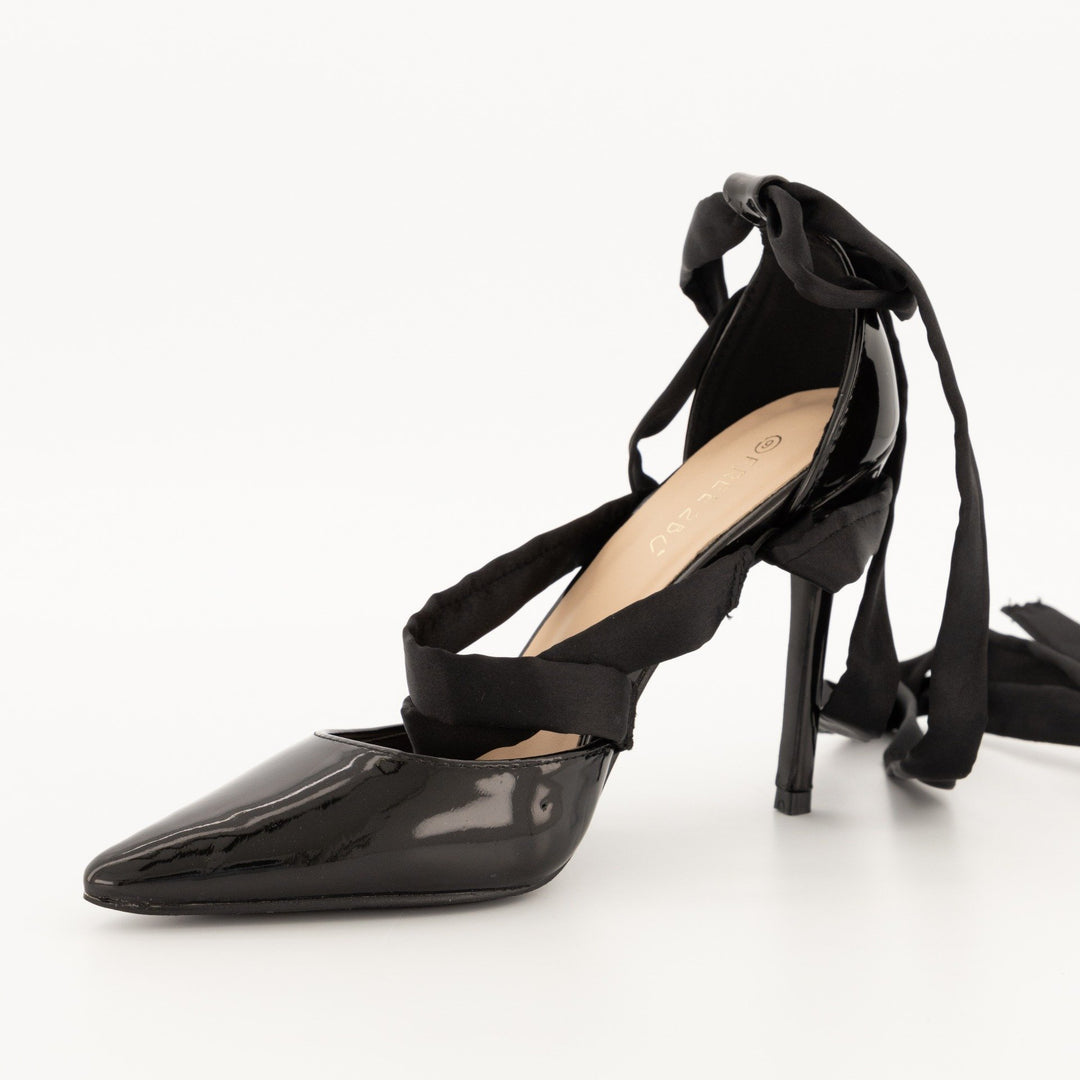 Ladies-Pointy Tie Up Heel Shoe - Black