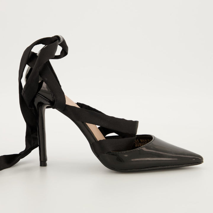 Ladies-Pointy Tie Up Heel Shoe - Black