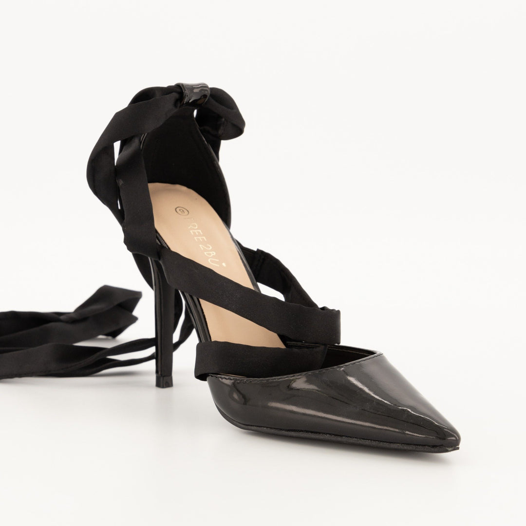 Ladies-Pointy Tie Up Heel Shoe - Black