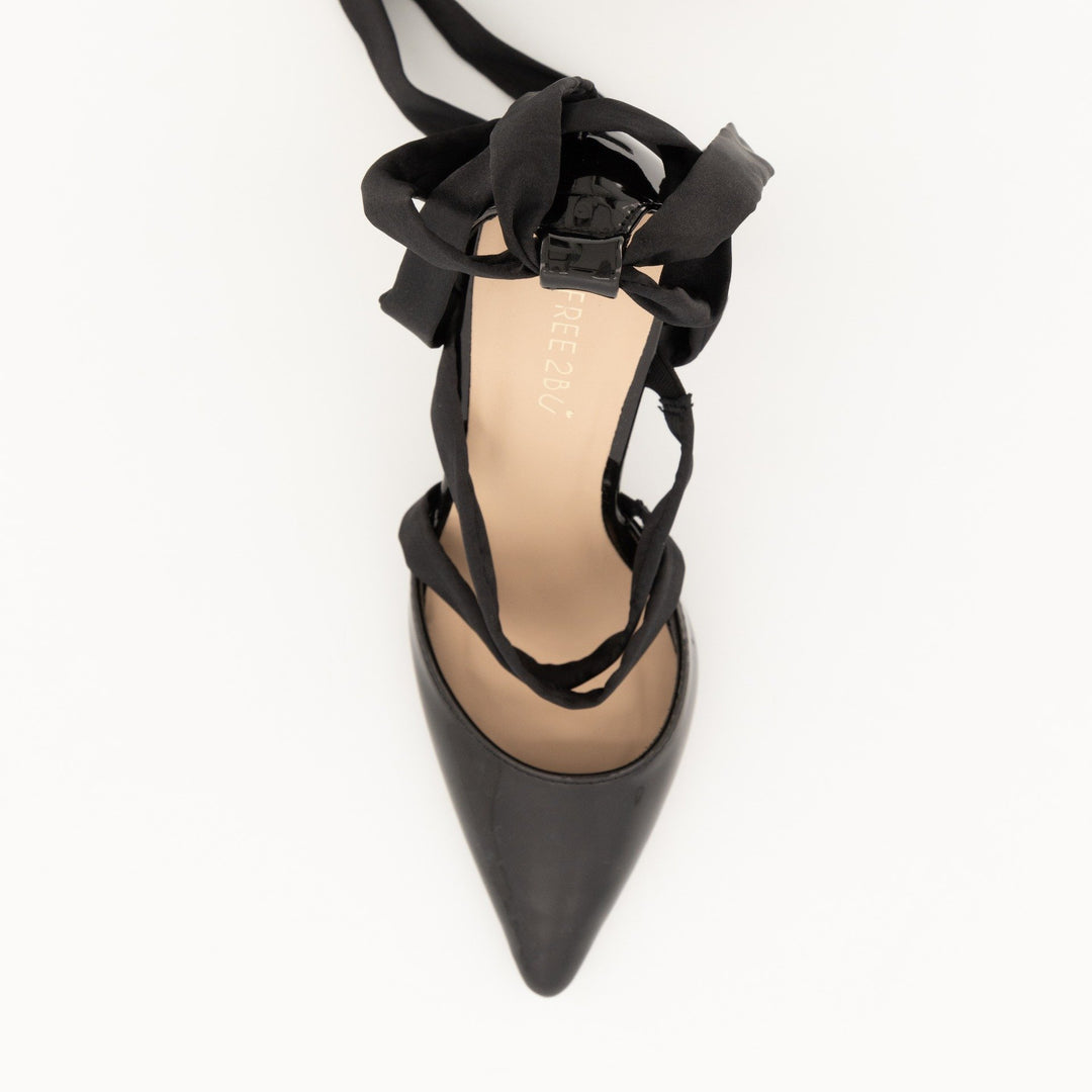 Ladies-Pointy Tie Up Heel Shoe - Black