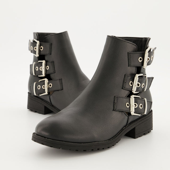 Ladies Multi-Buckle Biker Boot - Black