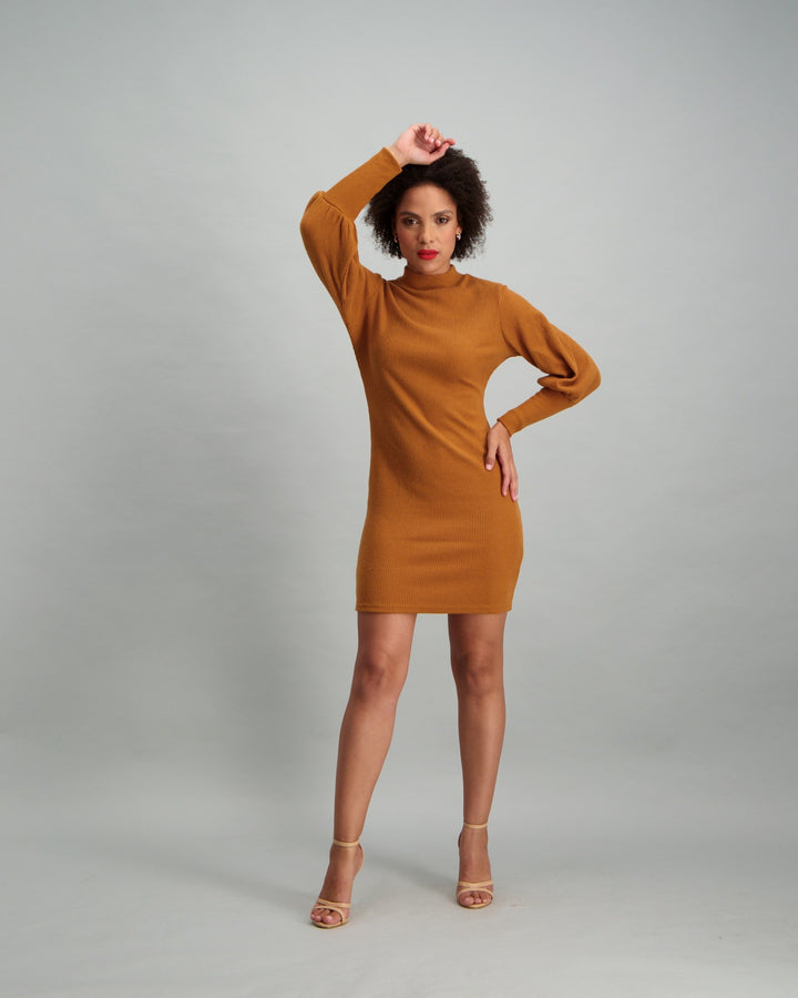 Ladies Bubble Sleeve Bodycon Dress - Mustard