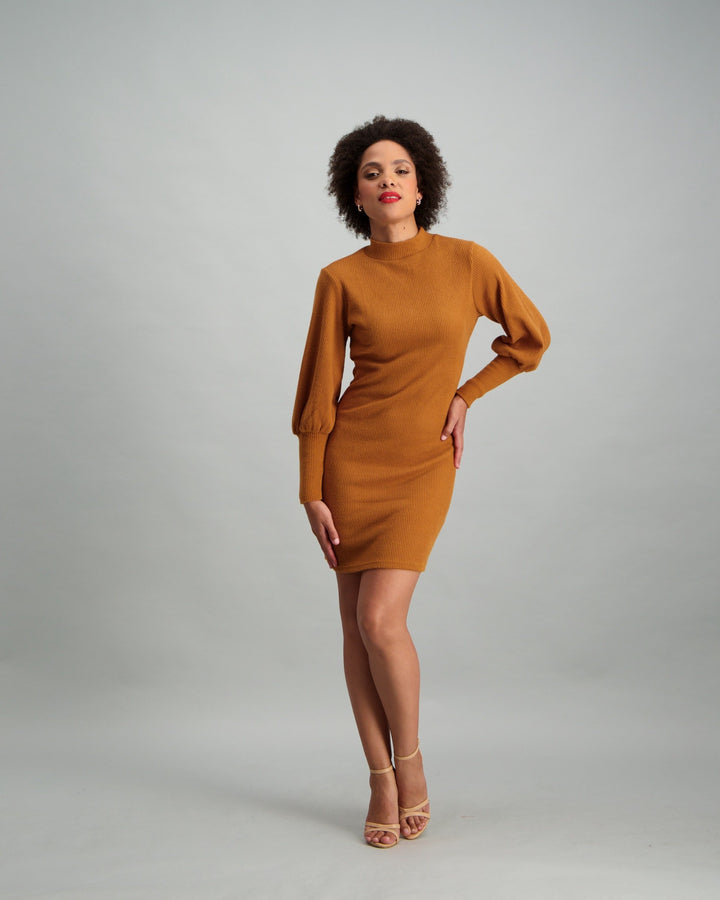 Ladies Bubble Sleeve Bodycon Dress - Mustard