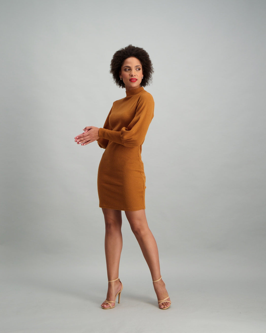 Ladies Bubble Sleeve Bodycon Dress - Mustard
