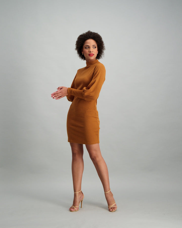 Ladies Bubble Sleeve Bodycon Dress - Mustard
