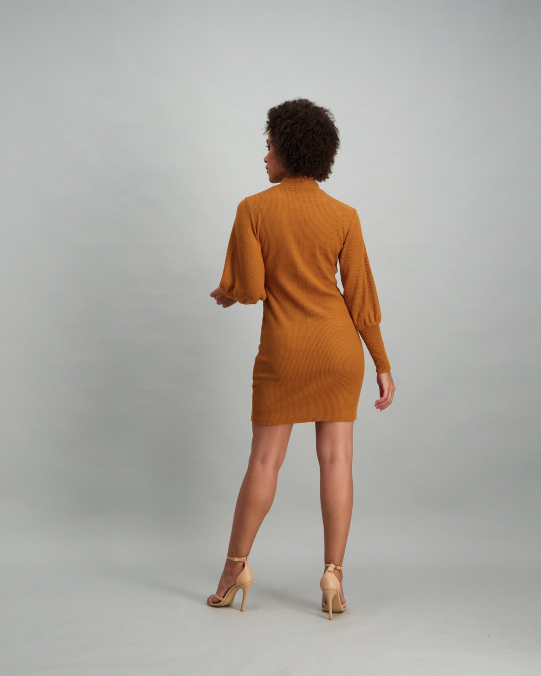 Ladies Bubble Sleeve Bodycon Dress - Mustard