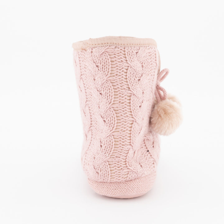 Ladies Pom Pom Knit Bootie Slipper - Pink