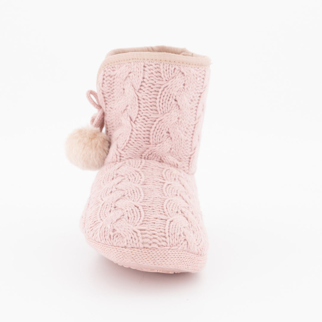 Ladies Pom Pom Knit Bootie Slipper - Pink