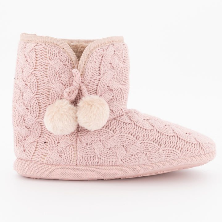 Ladies Pom Pom Knit Bootie Slipper - Pink