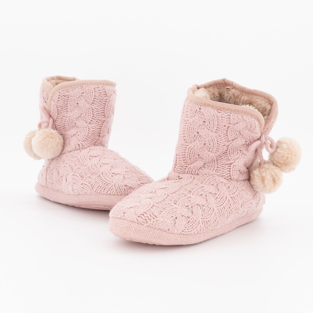 Ladies Pom Pom Knit Bootie Slipper - Pink