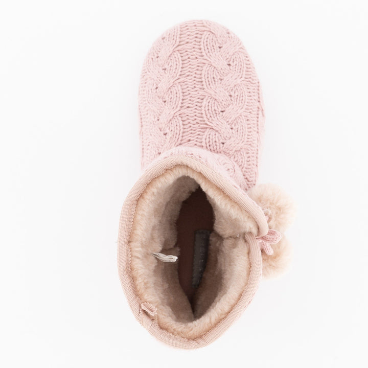 Ladies Pom Pom Knit Bootie Slipper - Pink