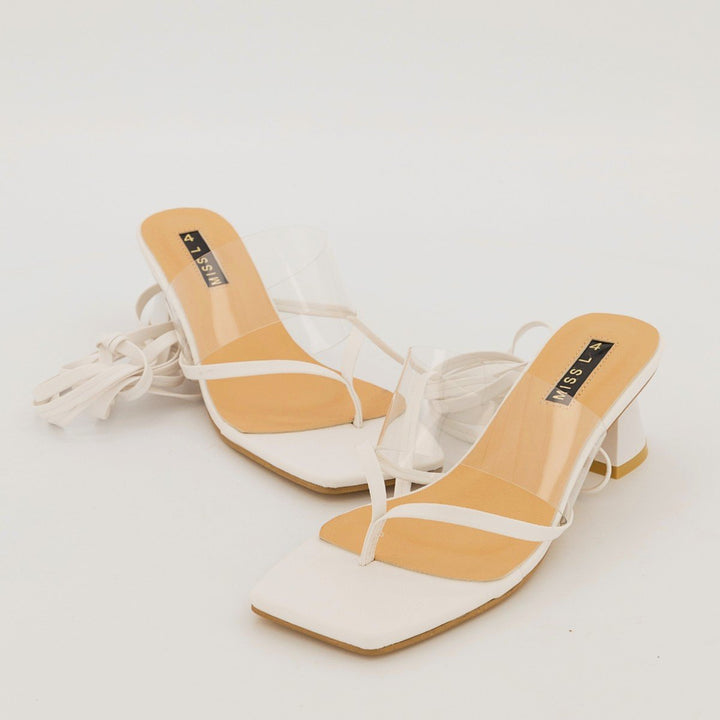 Ladies-Thong Lace Up with Vinyl Strap On Flared Low Heel