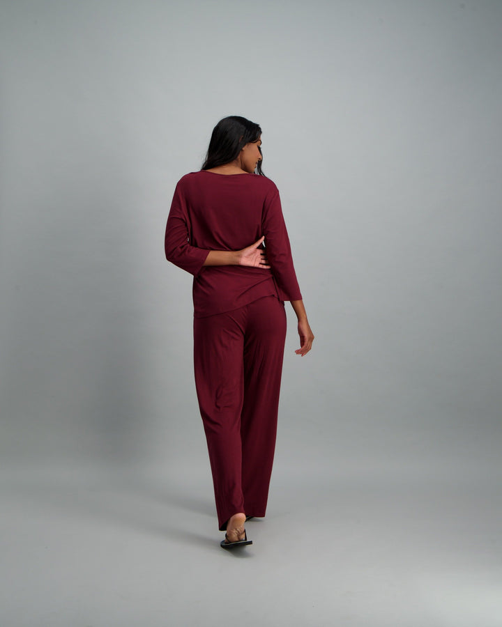 Ladies 3/4 Sleeve Viscose Spandex Pyjama Set - Berry