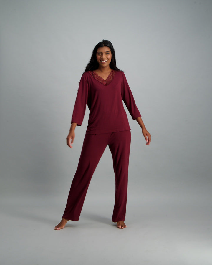 Ladies 3/4 Sleeve Viscose Spandex Pyjama Set - Berry