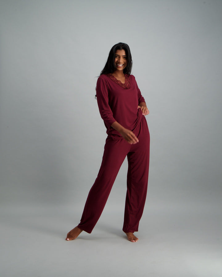 Ladies 3/4 Sleeve Viscose Spandex Pyjama Set - Berry
