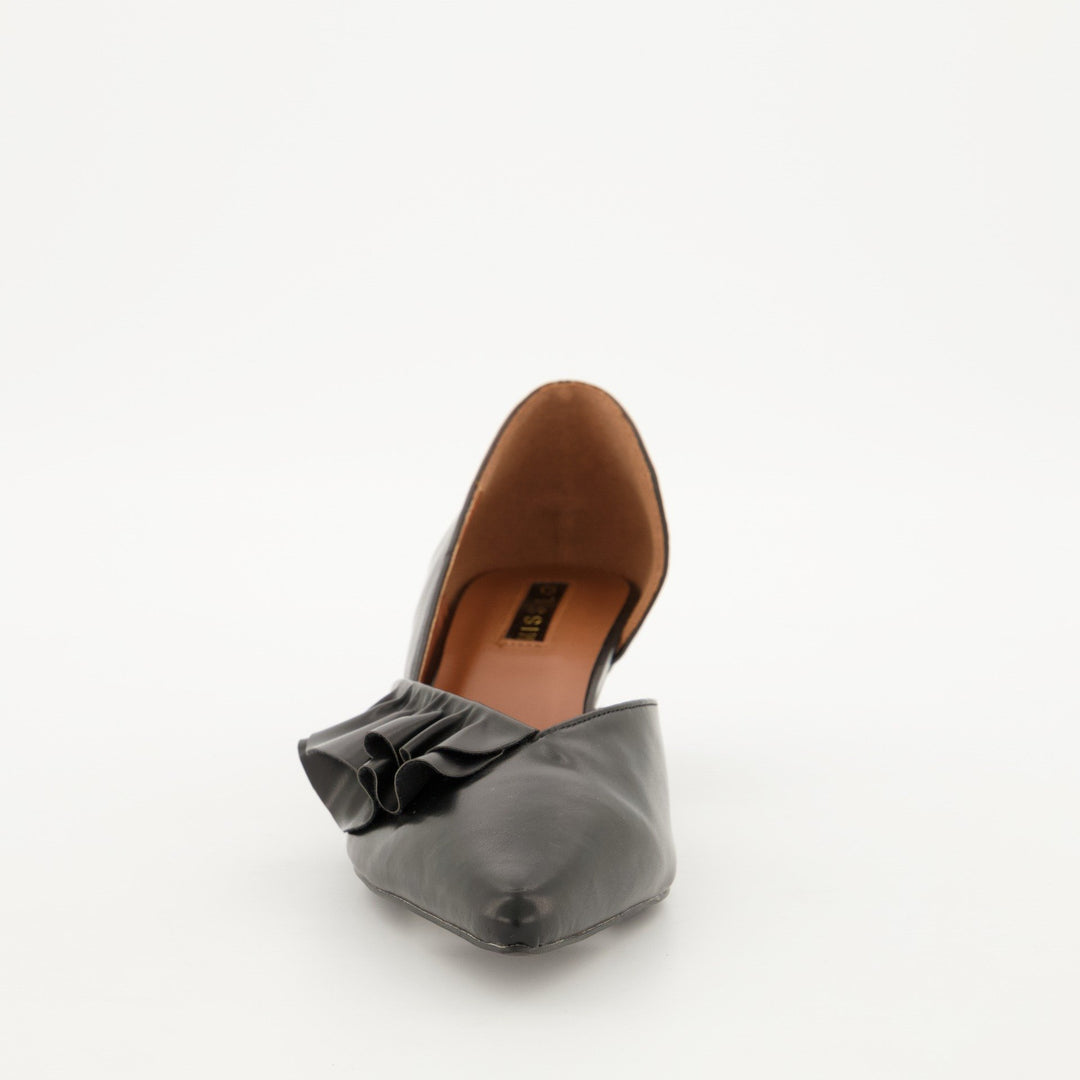Ladies Pointed Dorsay Kitten Heel with Side Frill - Black
