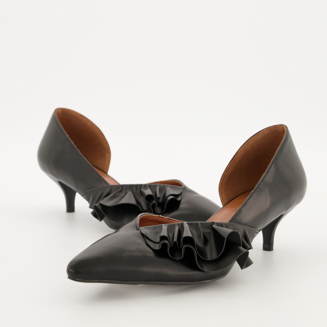 Ladies Pointed Dorsay Kitten Heel with Side Frill - Black