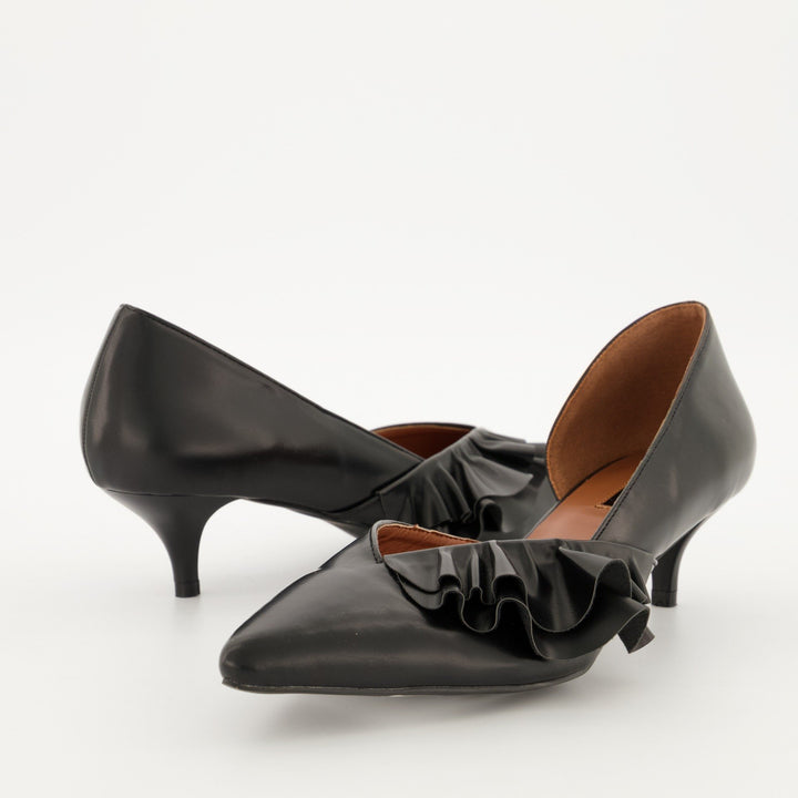 Ladies Pointed Dorsay Kitten Heel with Side Frill - Black