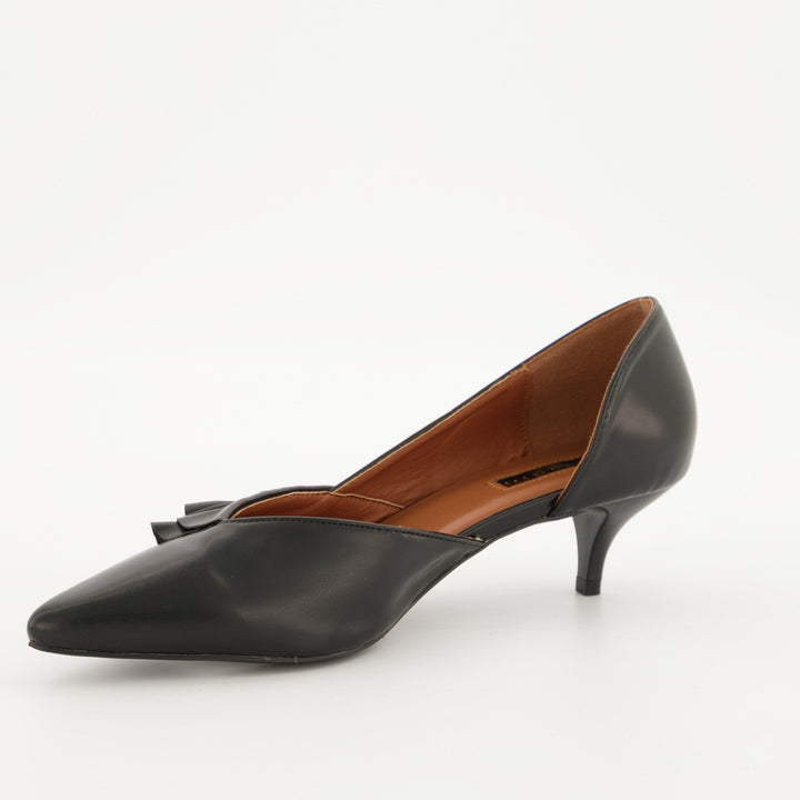 Ladies Pointed Dorsay Kitten Heel with Side Frill - Black